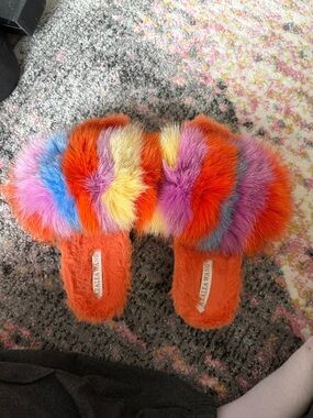 Multicolor Fuzzy Slide Slippers - Bright Orange Base